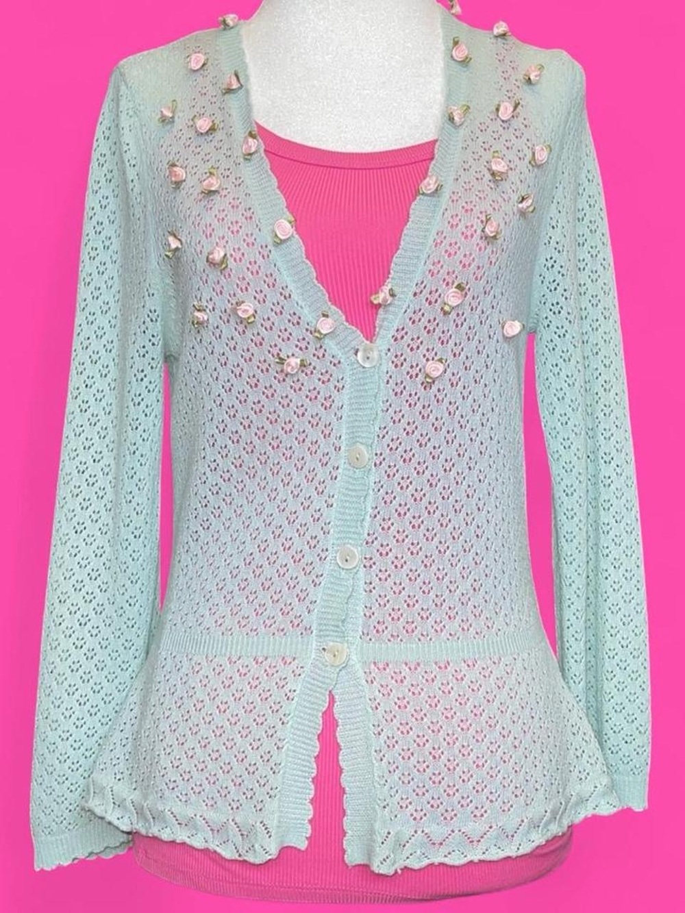 Modcloth Openwork Cardigan with Pink Rosebuds